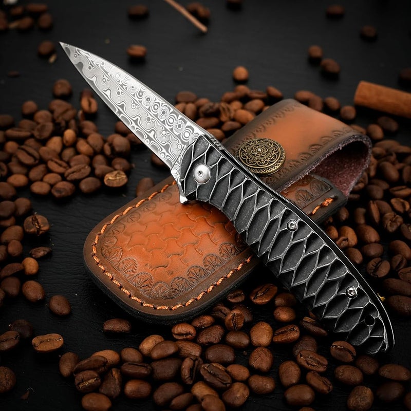 Zingbee Damascus Pocket Knife, 2.87" Damascus Blade Folding Knives with Stainless Steel Handle, EDC Knife for Camping Hiking Hunting Gift - Image 2